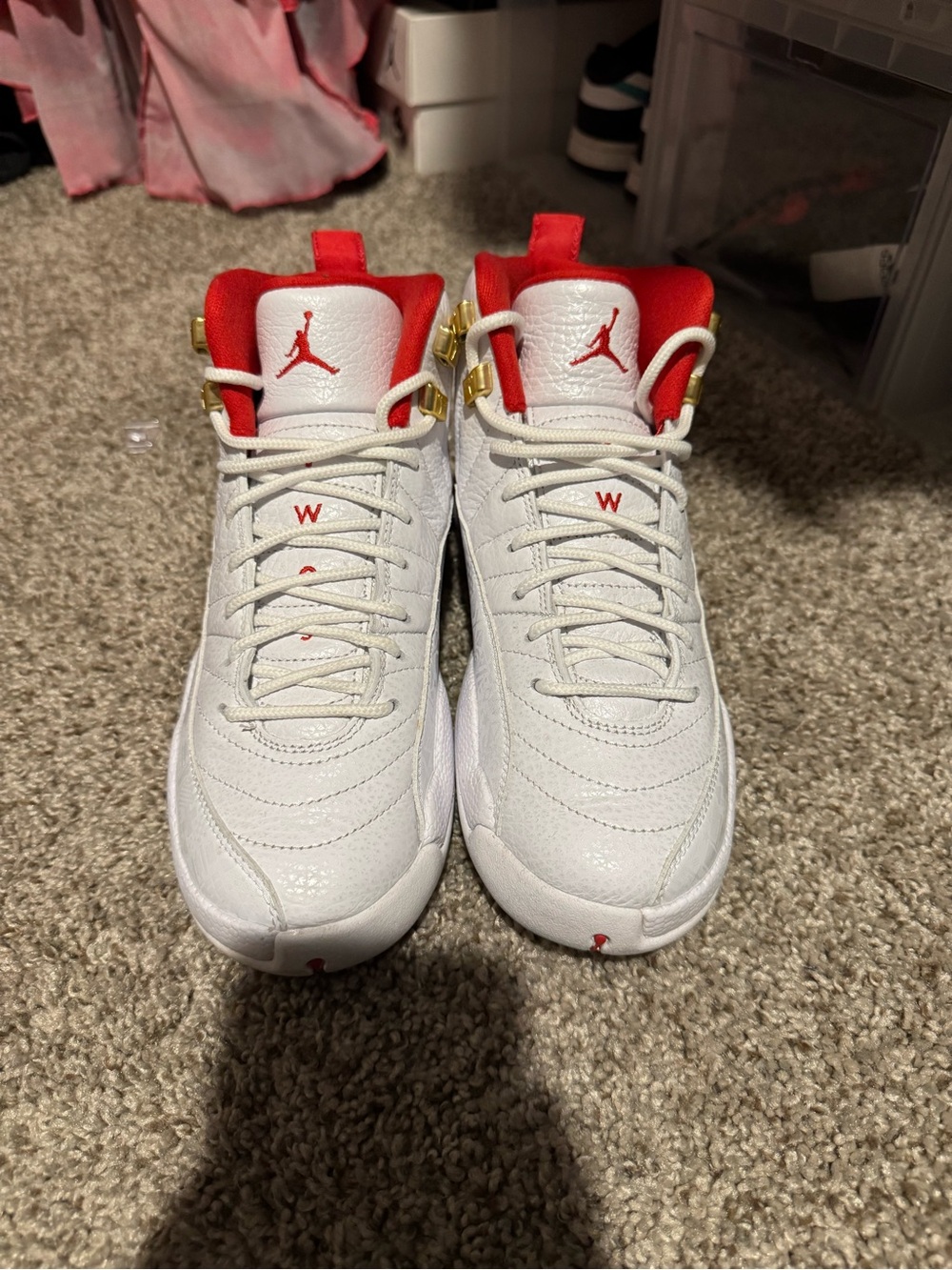 Jordan Kids White & Red Basketball Sneakers with Gold Accents